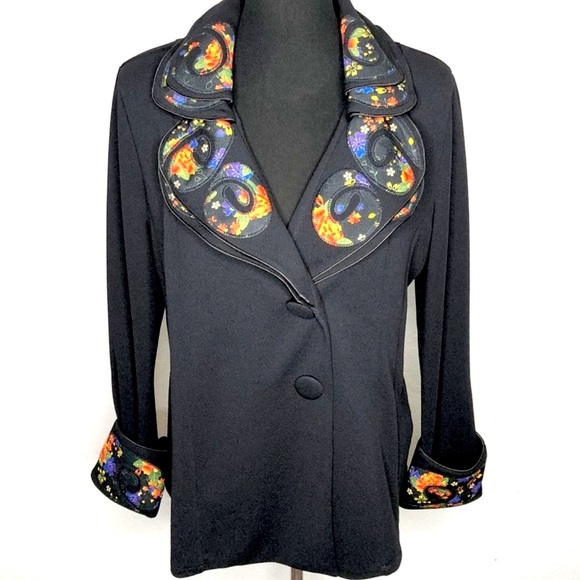 Soft Surroundings Blazer Black Colorful floral statement collar size M Unique - Picture 12 of 12